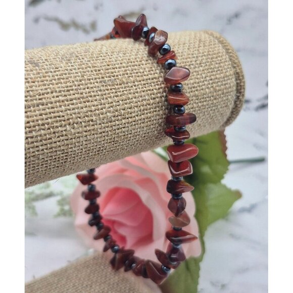 Genuine Smooth Garnet Chip & Hematite Beaded Ankle Bracelet Barrel Clasp 10" - Picture 4 of 10